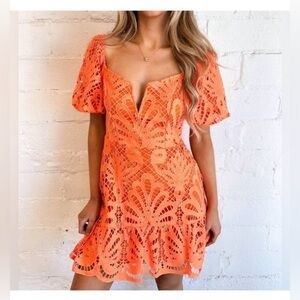 Flying Tomato boutique ruffle orange lace puff sleeve dress L 8 10 12